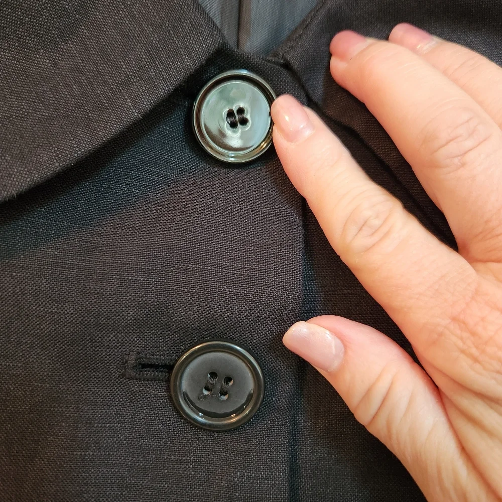 JG Hook Vintage Elegant Black Linen Blend Blazer w/ 3/4‎ Sleeves & Button Detail